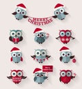 Christmas owls. Flat icons. Vector set.