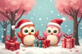 Christmas Owls In A Pink Fantasy At 1-11-2024 Royalty Free Stock Photo
