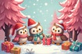 Christmas Owls In A Pink Fantasy At 1-11-2024 Royalty Free Stock Photo