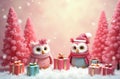 Christmas Owls In A Pink Fantasy At 1-11-2024 Royalty Free Stock Photo