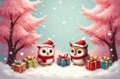 Christmas Owls In A Pink Fantasy At 1-11-2024 Royalty Free Stock Photo