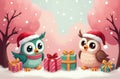 Christmas Owls In A Pink Fantasy At 1-11-2024 Royalty Free Stock Photo