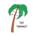 Christmas Palm tree vector illustration. Funny decorated doodle beach or tropical Christmas tree. Cute cartoon holiday