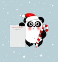 Christmas panda with letter for Santa with candy pen. Funny animal character for your design.
