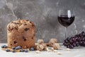 Christmas panettone cake, glass wine with raisins and fruits. Traditional Italian dish.