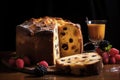 Christmas panettone cake on wooden table and black background.