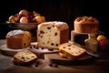 Christmas panettone cake on wooden table and black background.