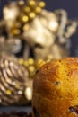Christmas Panettone with slice and Christmas setting. Typical Italian Christmas holiday cake Royalty Free Stock Photo