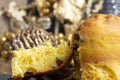 Christmas Panettone with slice and Christmas setting. Typical Italian Christmas holiday cake Royalty Free Stock Photo