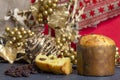 Christmas Panettone with slice and Christmas setting. Typical Italian Christmas holiday cake Royalty Free Stock Photo