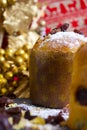 Christmas Panettone with slice and Christmas setting. Typical Italian Christmas holiday cake Royalty Free Stock Photo