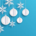 Christmas paper cut 3d snowflakes and balls with shadow on blue background. Minimal design New year and Christmas card, poster or Royalty Free Stock Photo