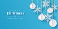 Christmas paper cut 3d snowflakes and balls with shadow on blue background. Minimal design. New year and Christmas card, poster or Royalty Free Stock Photo