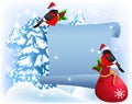 Christmas parchment with bullfinches in Santa Claus hat Royalty Free Stock Photo