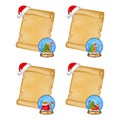 Christmas parchment set. Collection of empty paper scrolls for xmas poster. Blank papyrus template with snow ball and santa hat. Royalty Free Stock Photo