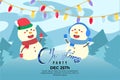 Christmas Party background with cute snowman dancing on scene winter landscape