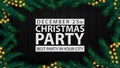 Christmas party, best party in your city, black poster with white letters, wooden background, Christmas tree branches and garland Royalty Free Stock Photo