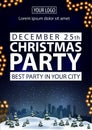 Christmas party, best party in your city, blue poster with white letters, winter landscape on background and garland Royalty Free Stock Photo