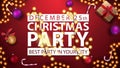 Christmas party, best party in your city, horizontal poster with red background, white title sign wrapped garland and presents.