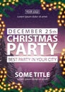 Christmas party, best party in your city, poster with white letters, winter landscape on background, Christmas tree branches