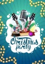 Christmas party, blue poster with guitars, microphone, Christmas presents, garland and abstract white cloud