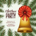 Christmas party card with colorful pine branches and bell with decorative ribbon