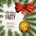 Christmas party card with colorful pine branches and jingle bells pendant of decorative ribbon Royalty Free Stock Photo