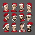 Christmas party. Celebrating New Year. Group of people in red Santa`s hat Vintage Hand Drawn Gentleman Set. Men`s Royalty Free Stock Photo