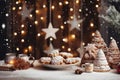 Christmas party celebration with dinner meal on table, Happy new year and Xmas scene, Dessert for party invitation
