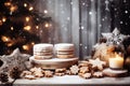 Christmas party celebration with dinner meal on table, Happy new year and Xmas scene, Dessert for party invitation