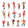 Christmas party characters. Happy woman, dancing holiday people in xmas textile. Santa elves costume, disco friends with