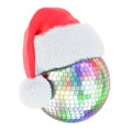 Christmas party concept. Mirror disco ball with red Santa hat, 3D rendering Royalty Free Stock Photo