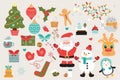 Christmas party cute set in flat cartoon design. Bundle of festive tree with toys, cupcake, gingerbread man, garland, gift, Santa