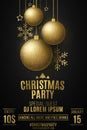 Christmas party design poster. Golden glittering balls with sequins. Decorations of hanging stars and snowflakes on a dark Royalty Free Stock Photo