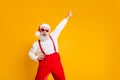 Christmas party hard. Portrait of crazy funny santa claus hipster in red hat enjoy x-mas noel celebration dance raise