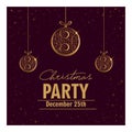 Christmas party invitation card. Can be used as a banner, poster, postcard, flyer. Vector illustration with gold xmas balls