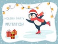 Christmas party invitation card with an illustrated penguin on skates