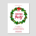 Christmas Party invitation with lettering wreath of fir tree branches, red berries and gold stars. Winter holidays celebration Royalty Free Stock Photo