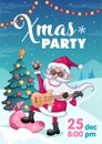 Christmas party invitation poster, cool Santa Claus with electronic guitar and gift bag