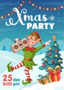 Christmas party invitation poster, dancing cool christmas elf with audio recorder