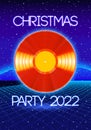 Christmas party invitation poster or flyer with 80s neon style and vinyl lp for dj Royalty Free Stock Photo