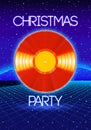 Christmas party invitation poster or flyer with 80s neon style and vinyl lp for dj Royalty Free Stock Photo