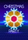 Christmas party invitation poster or flyer with 80s neon style and vinyl lp for dj Royalty Free Stock Photo