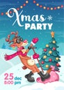 Christmas party invitation poster, singing cool reindeer with microphone and christmas tree