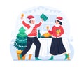 Christmas Party and New Year Celebration. A Happy Couple in Winter Holiday Outfits Standing With Each Holding Gift Boxes and Royalty Free Stock Photo