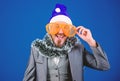 Christmas party office. Corporate holiday party ideas employees will love. Corporate christmas party. Man bearded Royalty Free Stock Photo