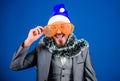 Christmas party office. Corporate holiday party ideas employees will love. Corporate christmas party. Man bearded Royalty Free Stock Photo