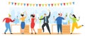 Christmas party in office vector illustration, Team of happy corporate people celebrate, dance, have fun on New Year