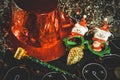 Christmas party ornaments background. macro shot. Christmas party hut, Royalty Free Stock Photo