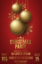 Christmas party poster. Golden glittering balls with sequins. Decorations of hanging stars and snowflakes on a dark background. Royalty Free Stock Photo